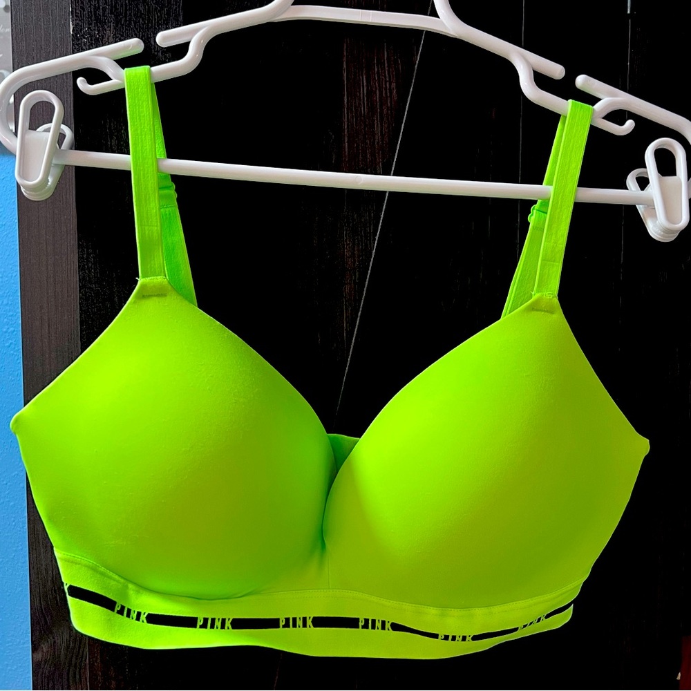 New…Victoria secret “Pink” Bright Lime Green 36DD NO WIRE Bra